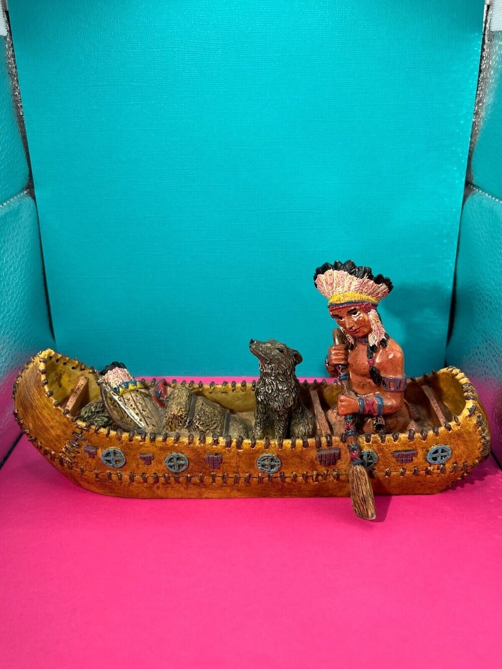 Native American Indian Chief in Canoe w/Wolf Dog Figurine 1996 DSP VTG